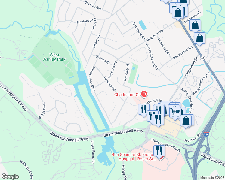 map of restaurants, bars, coffee shops, grocery stores, and more near 1816 Banbury Road in Charleston