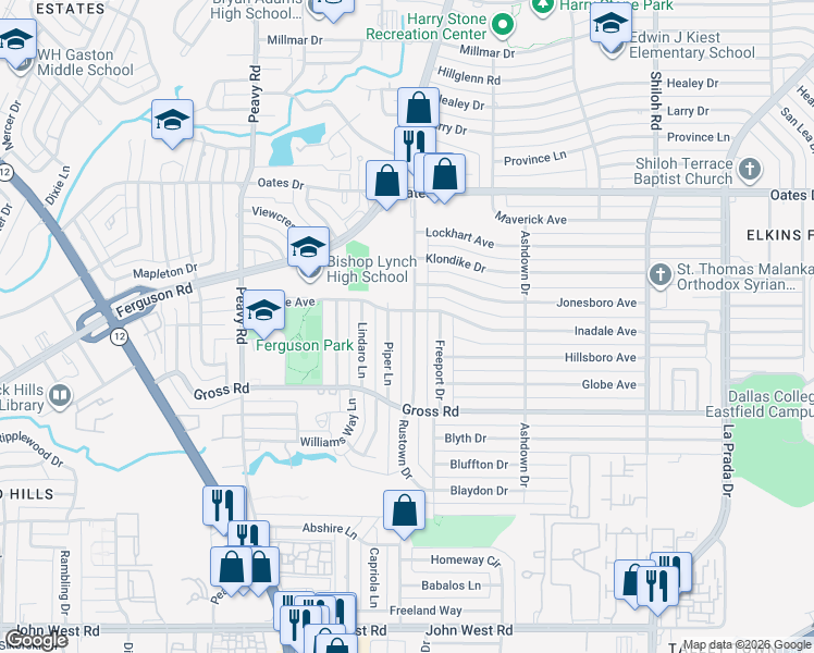 map of restaurants, bars, coffee shops, grocery stores, and more near 9307 Rustown Drive in Dallas