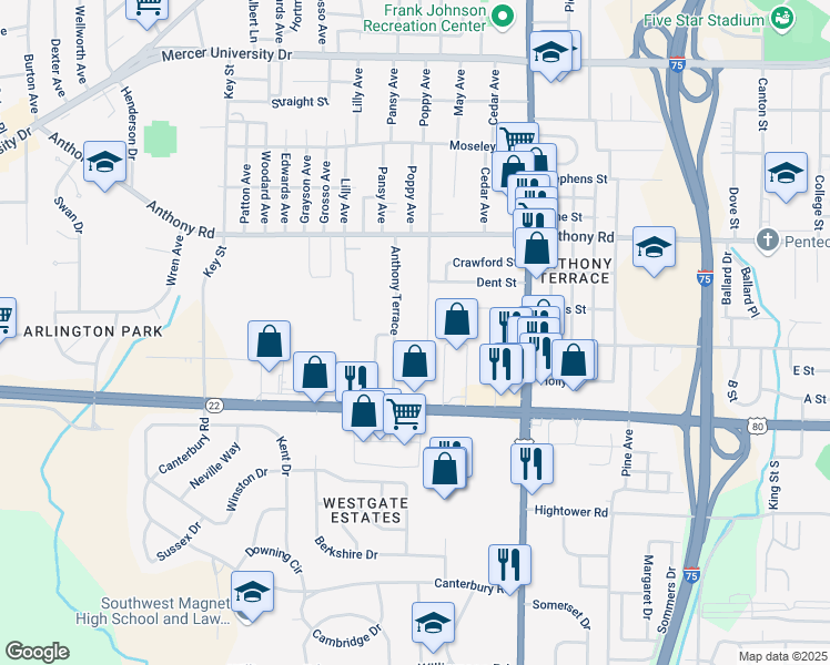 map of restaurants, bars, coffee shops, grocery stores, and more near 2425 Lowe St in Macon