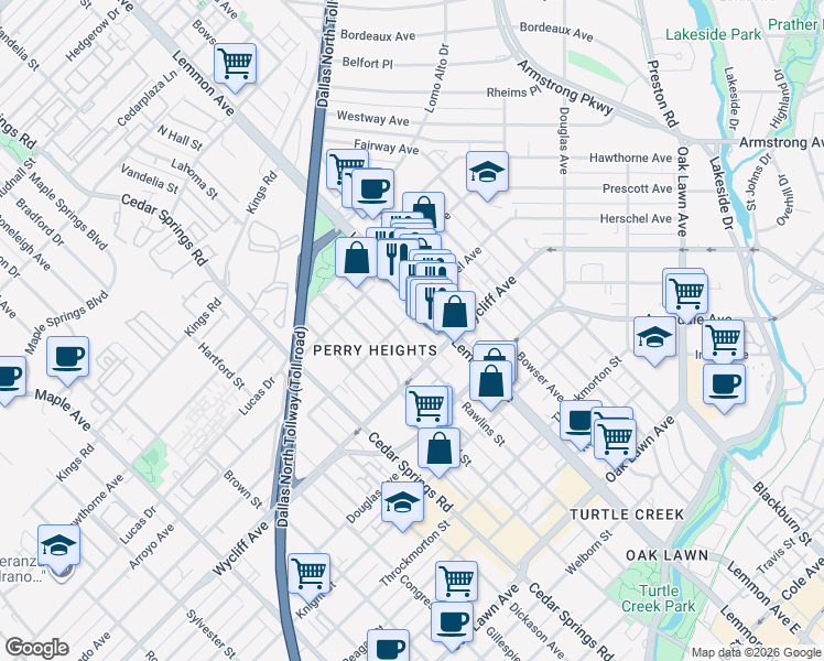 map of restaurants, bars, coffee shops, grocery stores, and more near 4330 Rawlins Street in Dallas