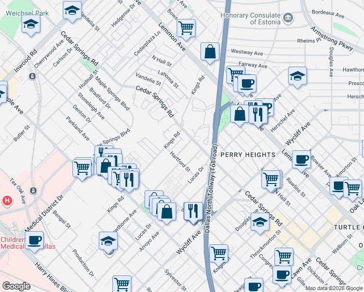 map of restaurants, bars, coffee shops, grocery stores, and more near 4605 Raleigh Street in Dallas