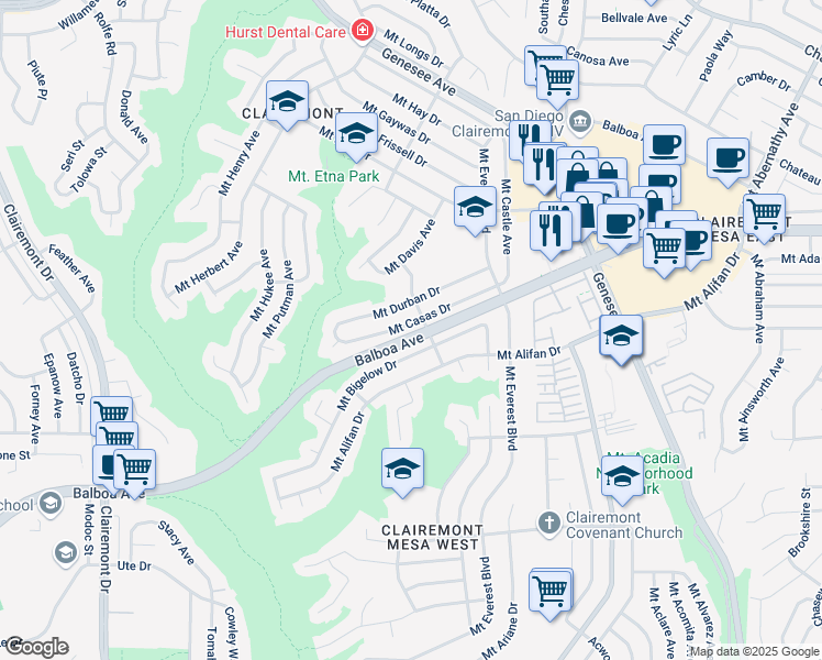map of restaurants, bars, coffee shops, grocery stores, and more near 4873 Mount Casas Drive in San Diego
