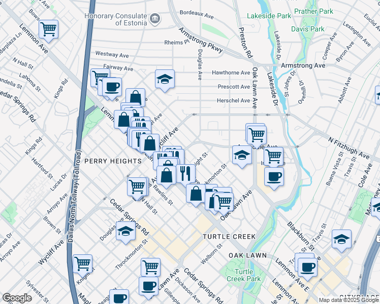 map of restaurants, bars, coffee shops, grocery stores, and more near 4125 Holland Avenue in Dallas