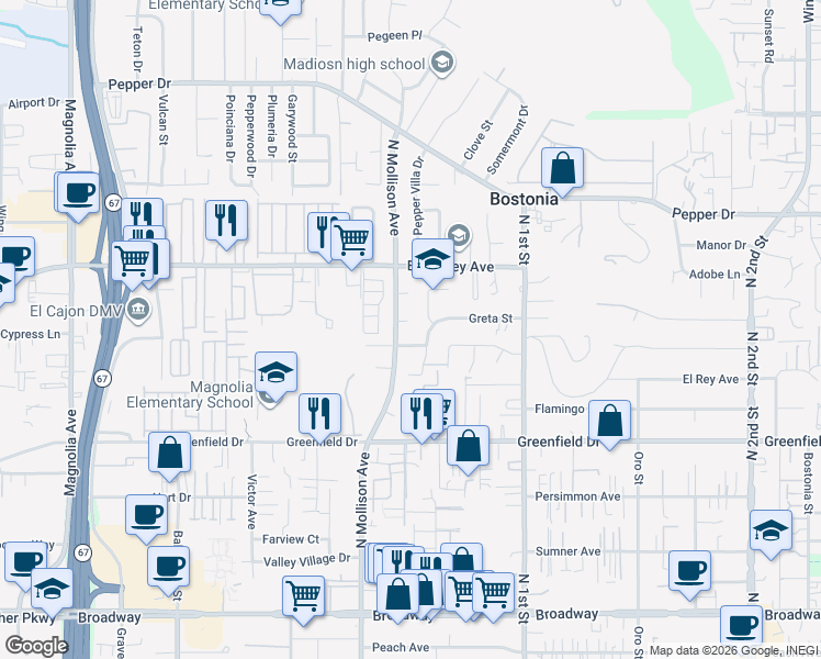 map of restaurants, bars, coffee shops, grocery stores, and more near 953 Wilfred Street in El Cajon