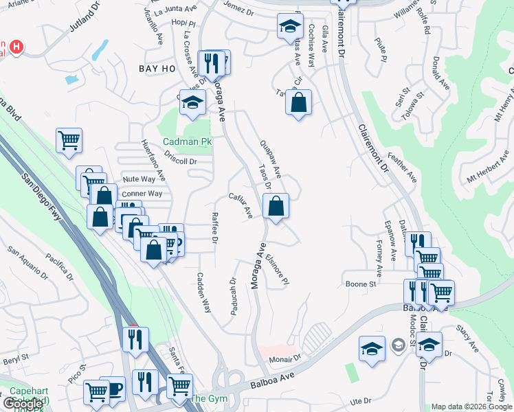 map of restaurants, bars, coffee shops, grocery stores, and more near 4166 Moraga Avenue in San Diego
