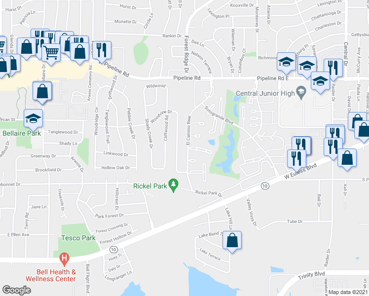 map of restaurants, bars, coffee shops, grocery stores, and more near 1424 El Camino Real in Euless