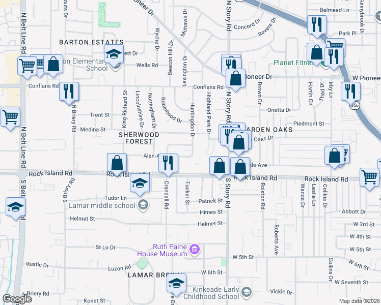 map of restaurants, bars, coffee shops, grocery stores, and more near 2603 Alan-A-Dale in Irving