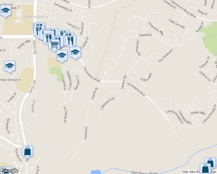 map of restaurants, bars, coffee shops, grocery stores, and more near 11035 Viacha Drive in San Diego