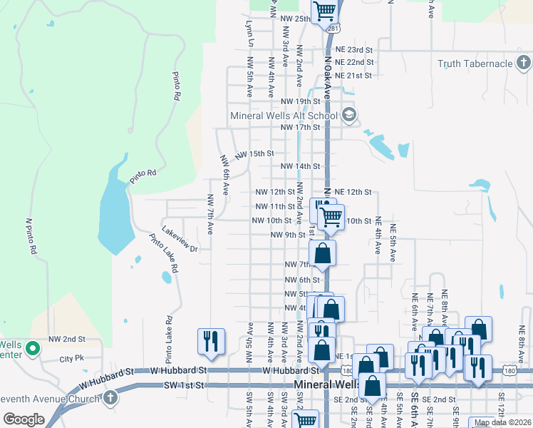 map of restaurants, bars, coffee shops, grocery stores, and more near 1107 Northwest 4th Avenue in Mineral Wells