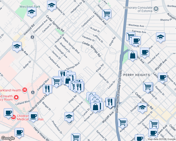 map of restaurants, bars, coffee shops, grocery stores, and more near 4806 Bradford Drive in Dallas