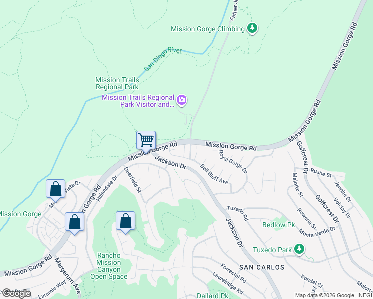 map of restaurants, bars, coffee shops, grocery stores, and more near 6474 Bell Bluff Avenue in San Diego