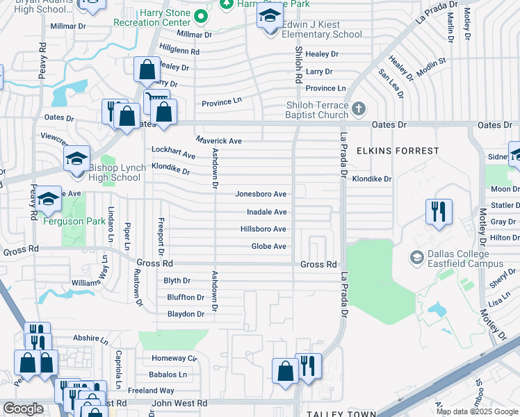 map of restaurants, bars, coffee shops, grocery stores, and more near 2609 Inadale Avenue in Dallas