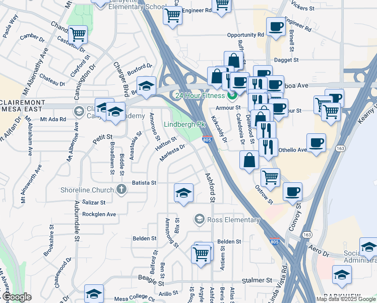 map of restaurants, bars, coffee shops, grocery stores, and more near 4034 Armstrong Street in San Diego