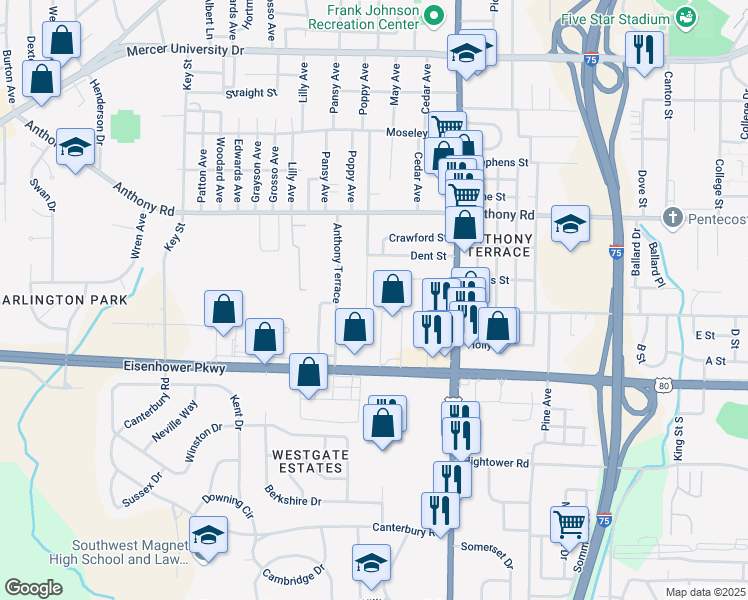 map of restaurants, bars, coffee shops, grocery stores, and more near 2425 Lowe Street in Macon