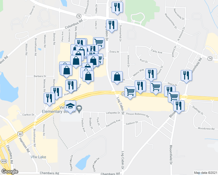 map of restaurants, bars, coffee shops, grocery stores, and more near 4699 Log Cabin Drive in Macon