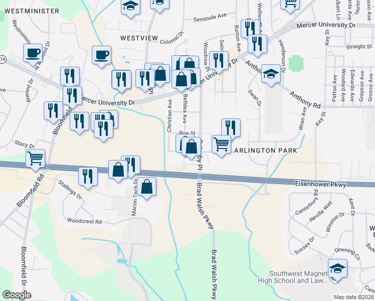map of restaurants, bars, coffee shops, grocery stores, and more near 1974 Whitfield Street in Macon