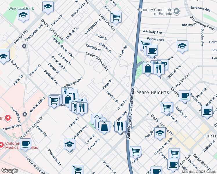 map of restaurants, bars, coffee shops, grocery stores, and more near 2930 Kings Road in Dallas