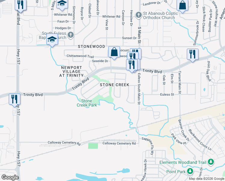 map of restaurants, bars, coffee shops, grocery stores, and more near 3645 Blue Spruce Drive in Euless