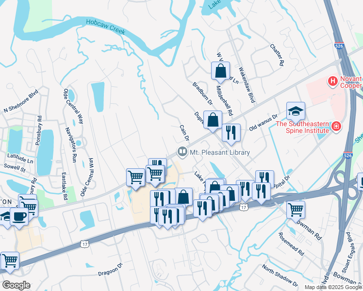 map of restaurants, bars, coffee shops, grocery stores, and more near 1105 Somerset Court in Mount Pleasant