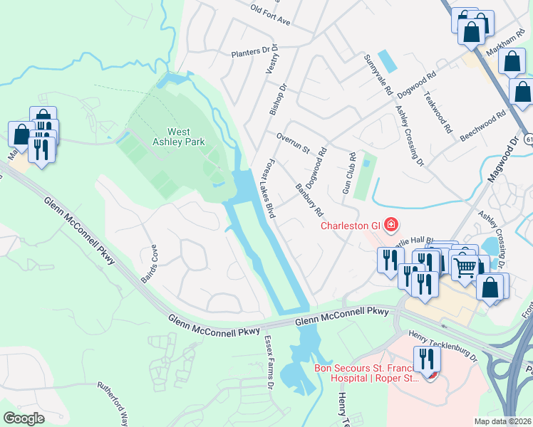 map of restaurants, bars, coffee shops, grocery stores, and more near 2200 Forest Lakes Boulevard in Charleston