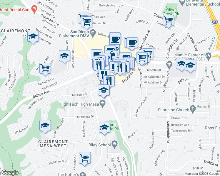 map of restaurants, bars, coffee shops, grocery stores, and more near 4089 Genesee Avenue in San Diego