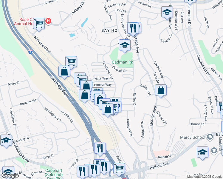 map of restaurants, bars, coffee shops, grocery stores, and more near 3075 Peters Way in San Diego