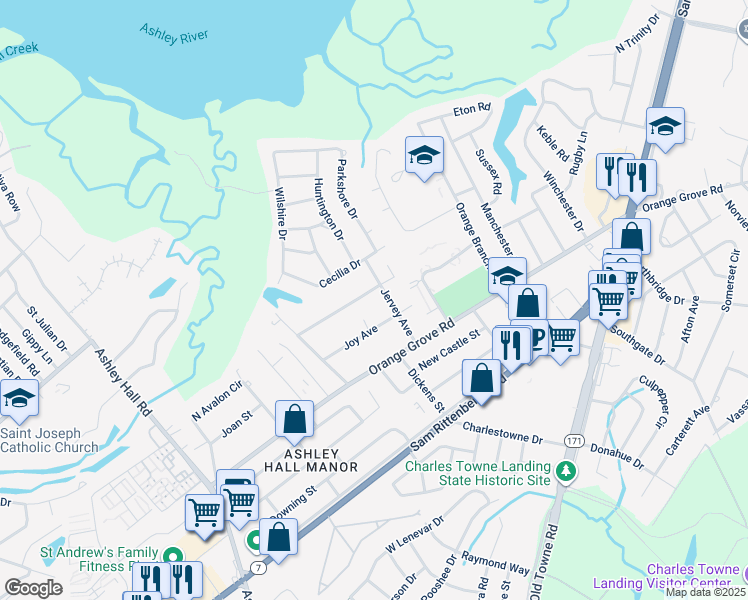 map of restaurants, bars, coffee shops, grocery stores, and more near 1417 River Front Drive in Charleston
