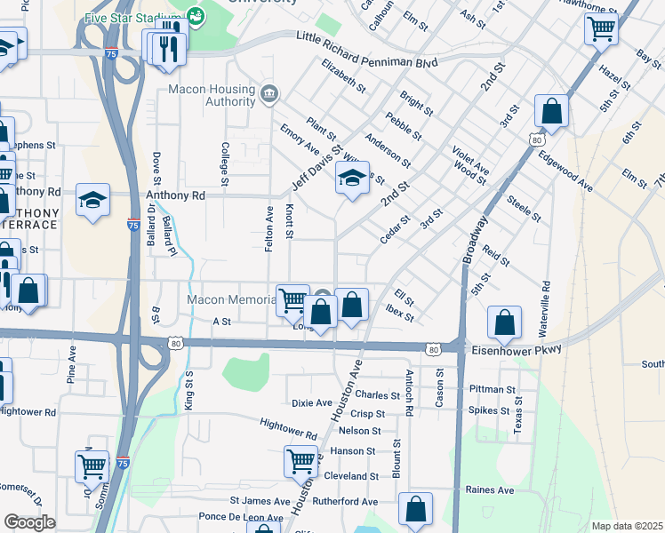 map of restaurants, bars, coffee shops, grocery stores, and more near 2363 2nd Street in Macon