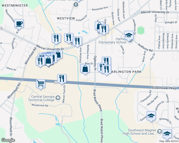 map of restaurants, bars, coffee shops, grocery stores, and more near 1974 Whitfield Street in Macon