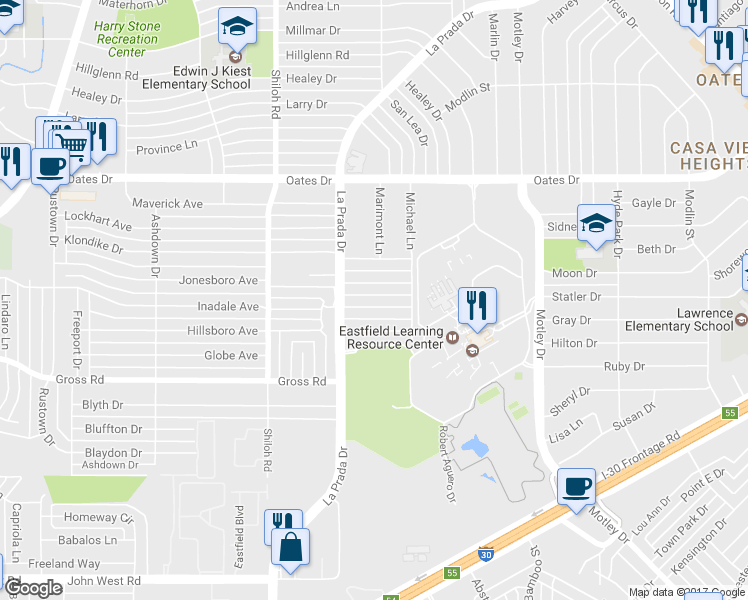 map of restaurants, bars, coffee shops, grocery stores, and more near 2919 Scottsbluff Drive in Dallas
