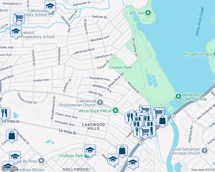 map of restaurants, bars, coffee shops, grocery stores, and more near 7102 Pasadena Avenue in Dallas