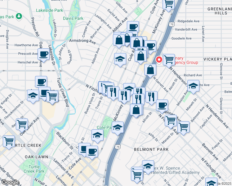 map of restaurants, bars, coffee shops, grocery stores, and more near 4216 Cole Avenue in Dallas