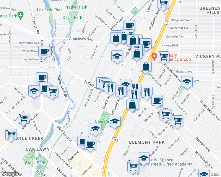 map of restaurants, bars, coffee shops, grocery stores, and more near 4216 Cole Avenue in Dallas