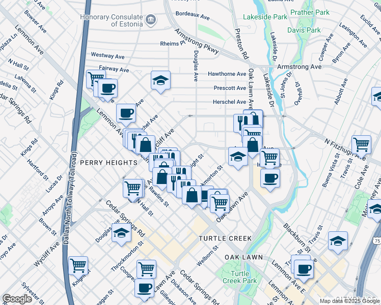 map of restaurants, bars, coffee shops, grocery stores, and more near 4111 Gilbert Avenue in Dallas