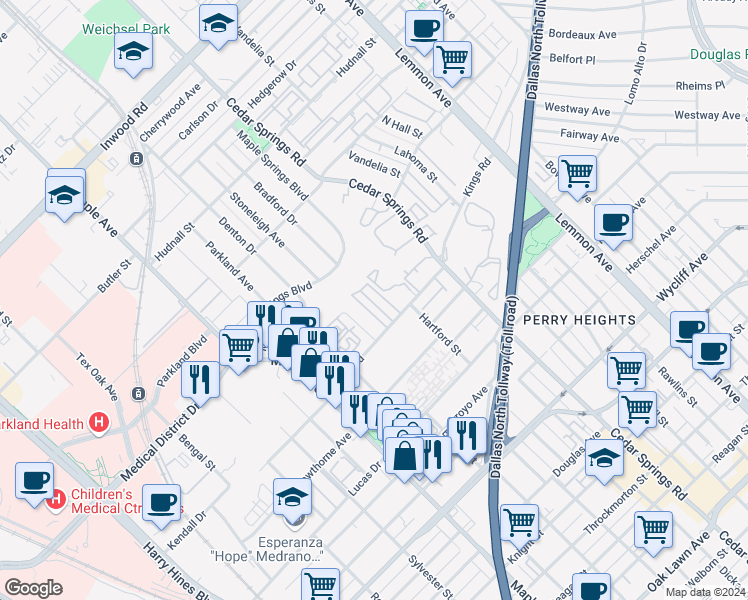 map of restaurants, bars, coffee shops, grocery stores, and more near 4806 Bradford Drive in Dallas