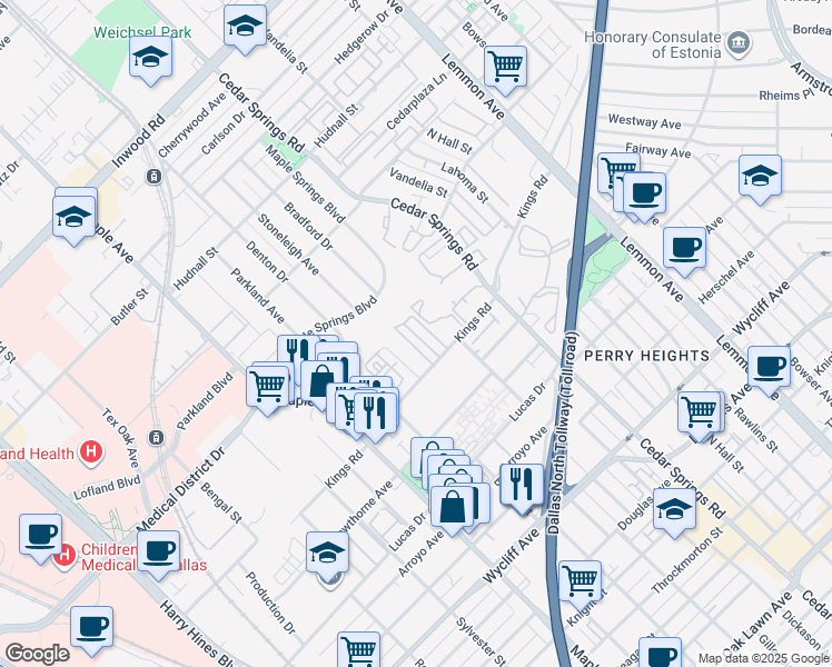map of restaurants, bars, coffee shops, grocery stores, and more near 4806 Bradford Drive in Dallas