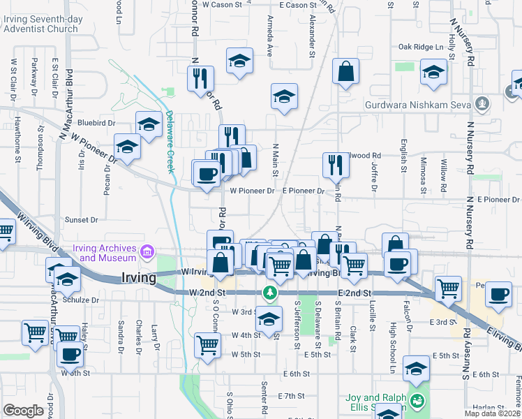 map of restaurants, bars, coffee shops, grocery stores, and more near 123 Virginia Street in Irving