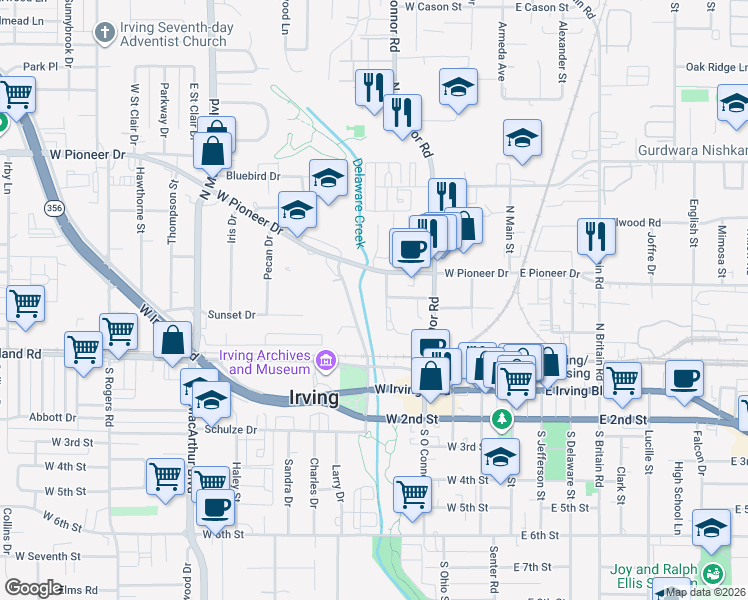 map of restaurants, bars, coffee shops, grocery stores, and more near 512 North Sowers Road in Irving