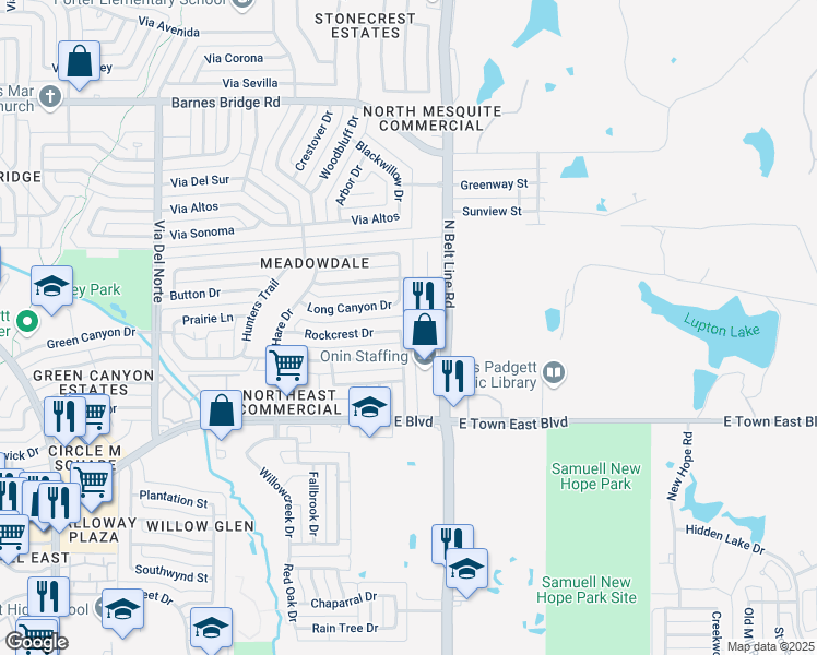 map of restaurants, bars, coffee shops, grocery stores, and more near 3732 Sugarberry Dr in Mesquite