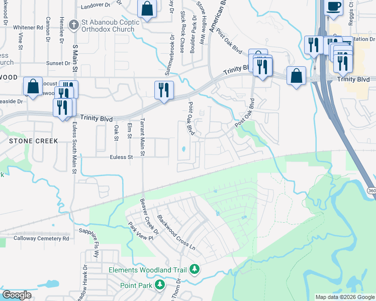 map of restaurants, bars, coffee shops, grocery stores, and more near 3704 Vaucluse Drive in Euless