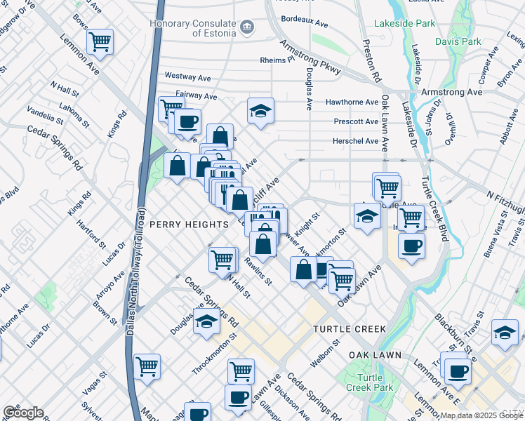 map of restaurants, bars, coffee shops, grocery stores, and more near 4223 Bowser Avenue in Dallas