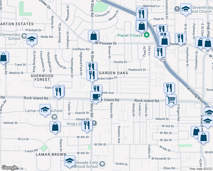 map of restaurants, bars, coffee shops, grocery stores, and more near 201 North Story Road in Irving