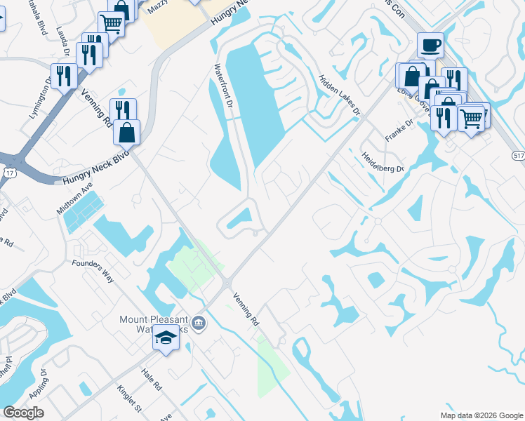 map of restaurants, bars, coffee shops, grocery stores, and more near 1375 Center Lake Drive in Mount Pleasant