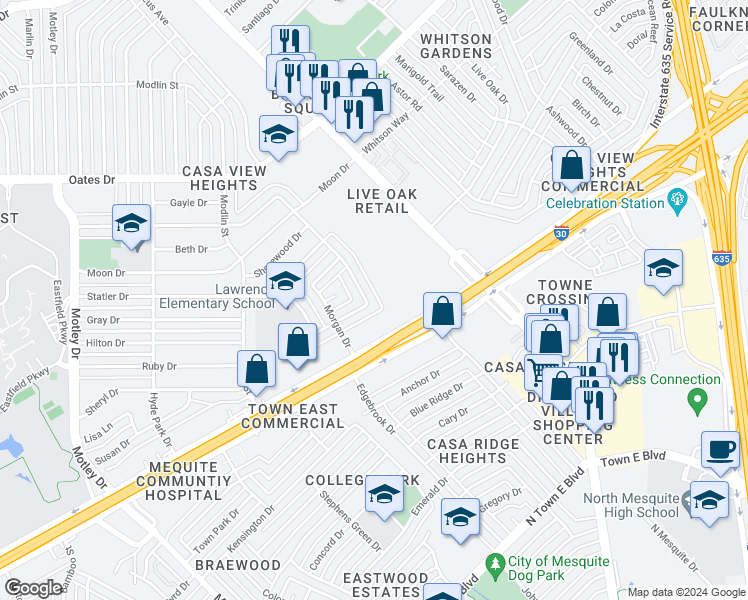 map of restaurants, bars, coffee shops, grocery stores, and more near 3200 Rockne Lane in Mesquite