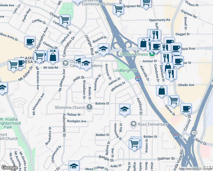 map of restaurants, bars, coffee shops, grocery stores, and more near 4010 Hatton Street in San Diego