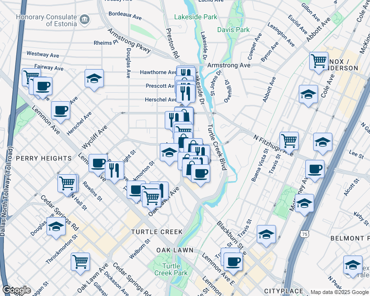 map of restaurants, bars, coffee shops, grocery stores, and more near 3927 Oak Lawn Avenue in Dallas