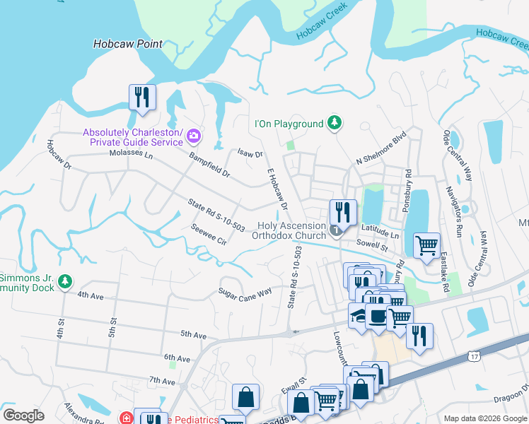 map of restaurants, bars, coffee shops, grocery stores, and more near 363 Molasses Ln in Mt Pleasant