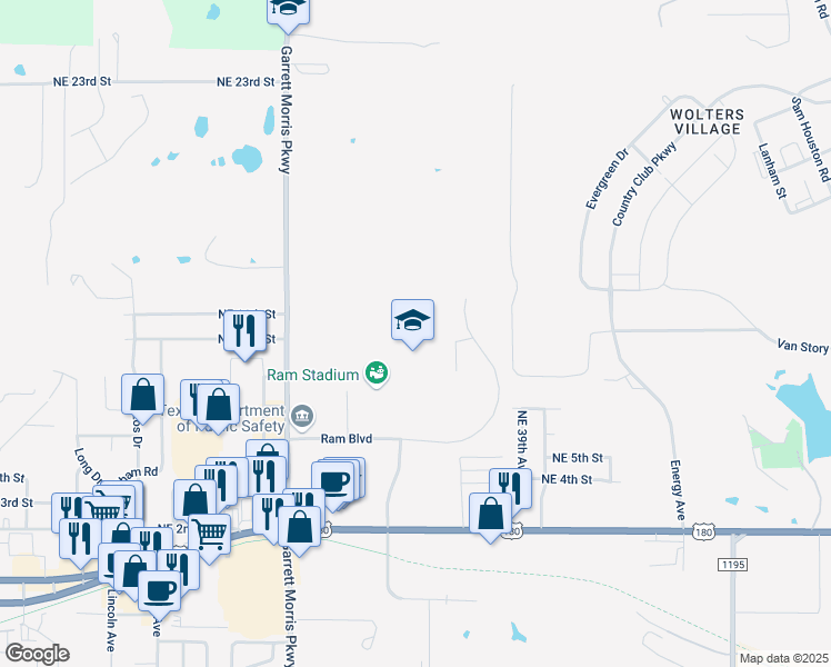 map of restaurants, bars, coffee shops, grocery stores, and more near 3801 Ram Boulevard in Mineral Wells