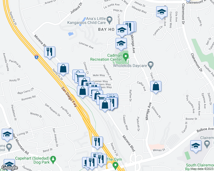map of restaurants, bars, coffee shops, grocery stores, and more near 3075 Peters Way in San Diego