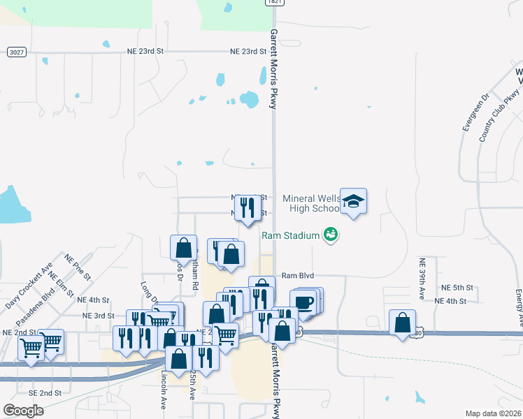 map of restaurants, bars, coffee shops, grocery stores, and more near 3407 Northeast 10th Street in Mineral Wells